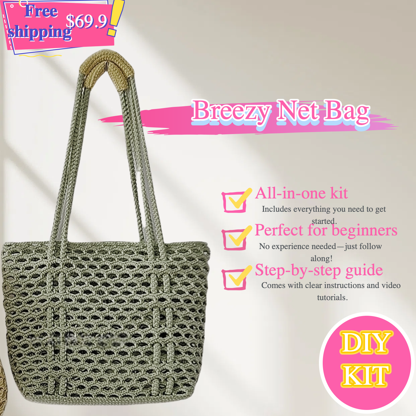 Breezy Mint Net Tote – Crochet DIY Kit