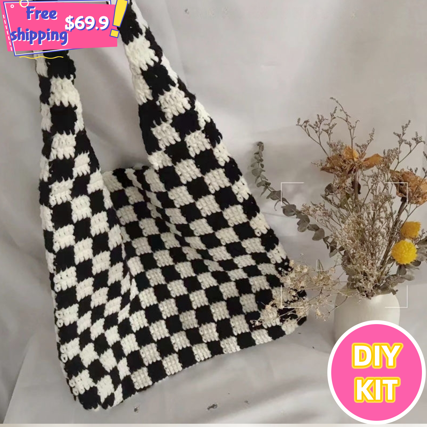 Checkerboard Shoulder Bag – DIY Crochet Kit for Everyday Style