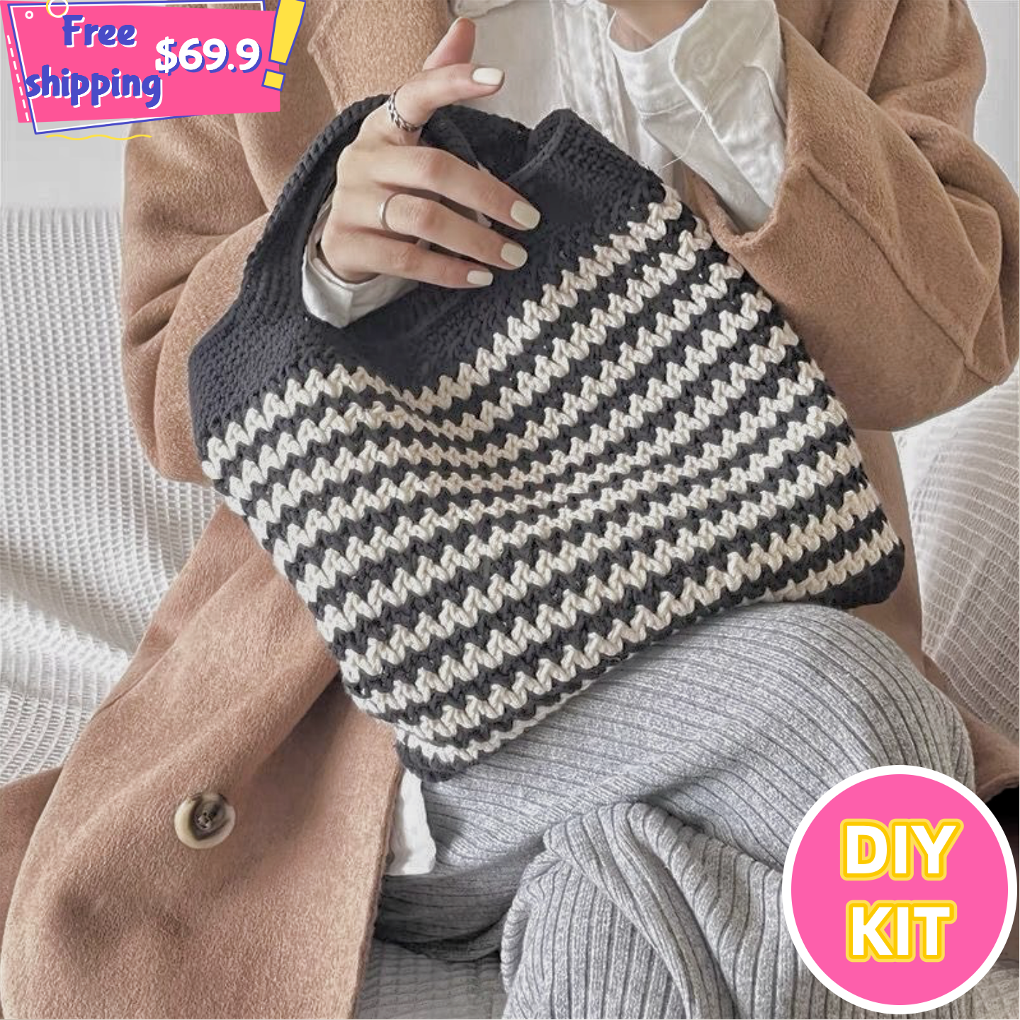 Monochrome Wave Work Tote – Crochet Bag Kit