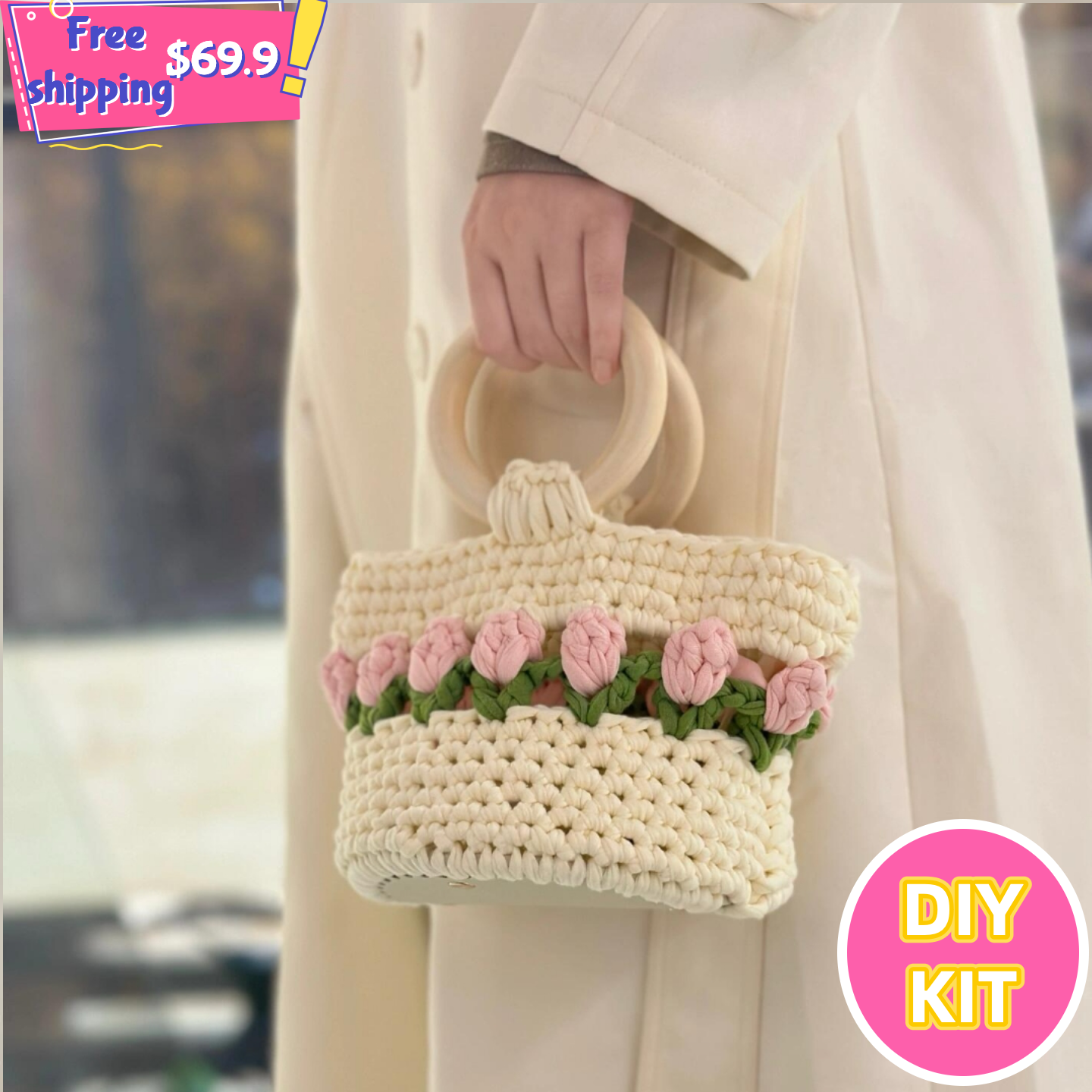 Tulip Wooden Handle Bag – DIY Crochet Kit for Beginners
