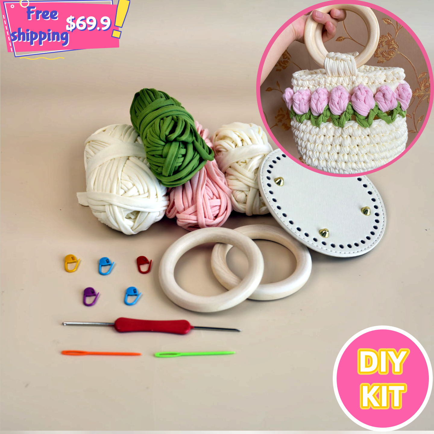 Tulip Wooden Handle Bag – DIY Crochet Kit for Beginners
